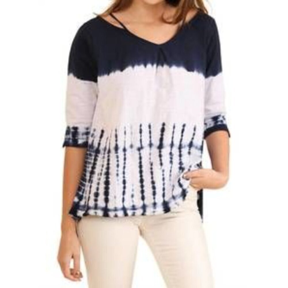 Umgee Navy Blue & White Tie Dye Short Sleeve Top M